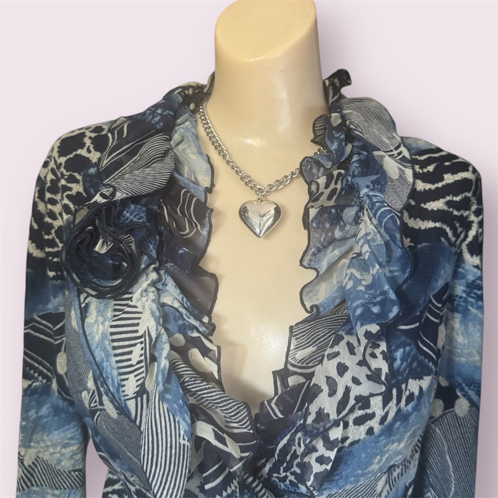 Vintage 90s Blue and black mesh long sleeve blazer jacket top by Alberto Makali - Picture 2 of 11